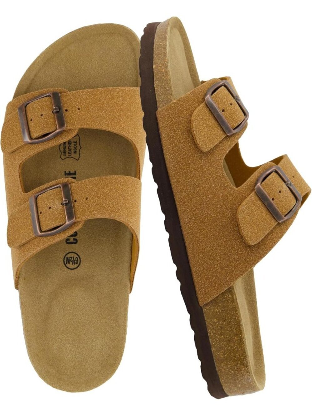 Women's Tan Suede Footbed Sandals Comfort Double Buckle Two Strap Flats Shoes